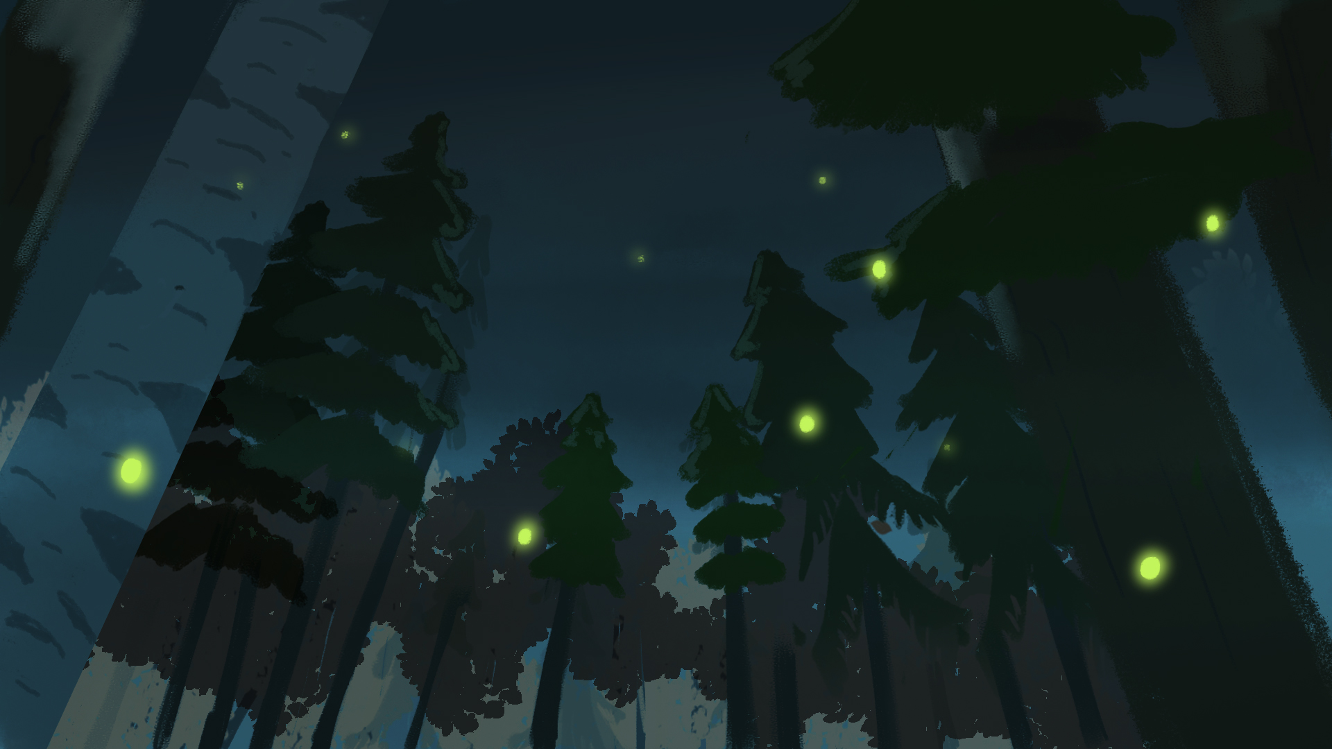 Planche d'étude graphique : Forêt — vue de l'arbre aux lucioles